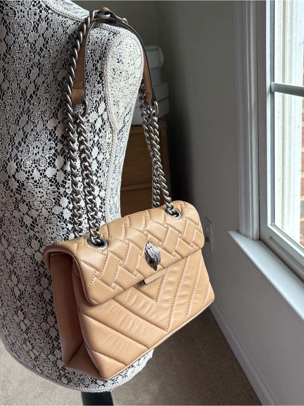 Kurt Geiger London Kensington X Quilted Leather Shoulder Bag in Tan